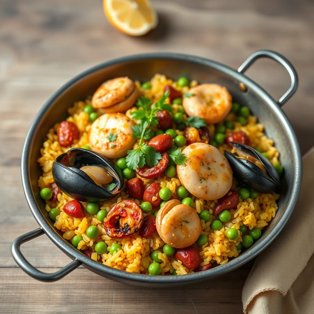 Skalldyr- og kyllingpaella med safranris, chorizo og grønne erter