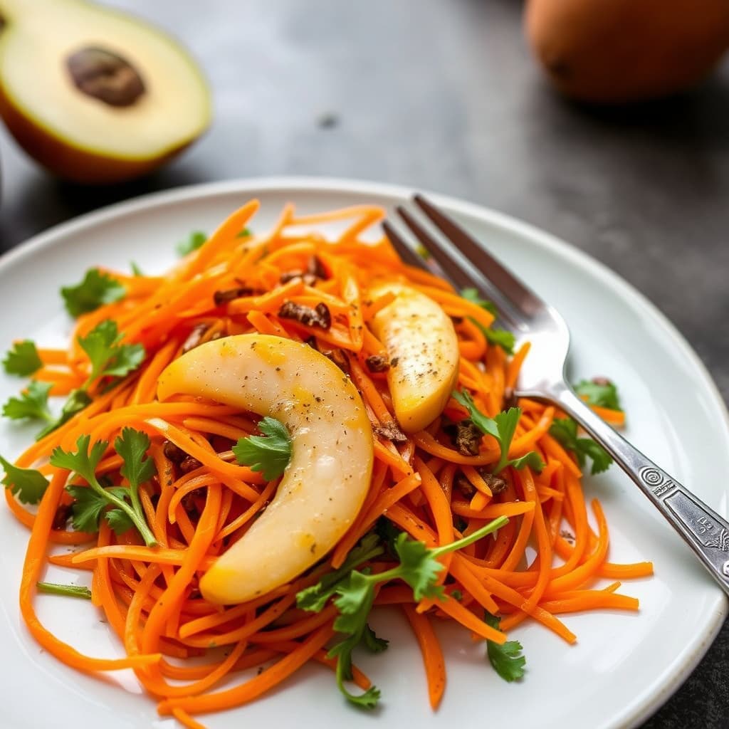 Skåret gulrot- og pæresalat med currydressing