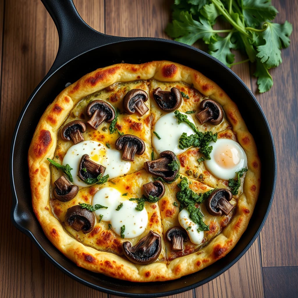 Skillet-frit pizza med ovnsbakte sopp og brent brokkolirabi-pesto