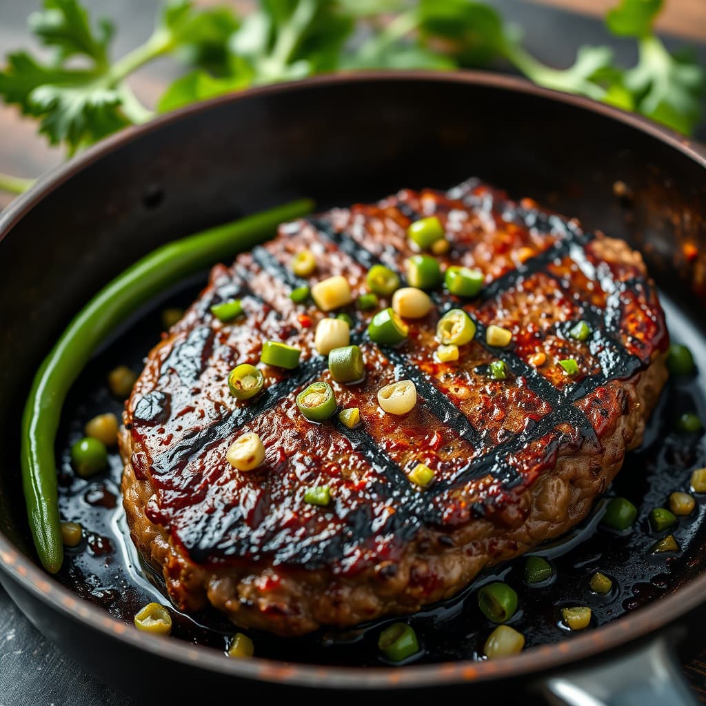 Skillet med grillet burger, grønne pepperkorn og sjalottløk