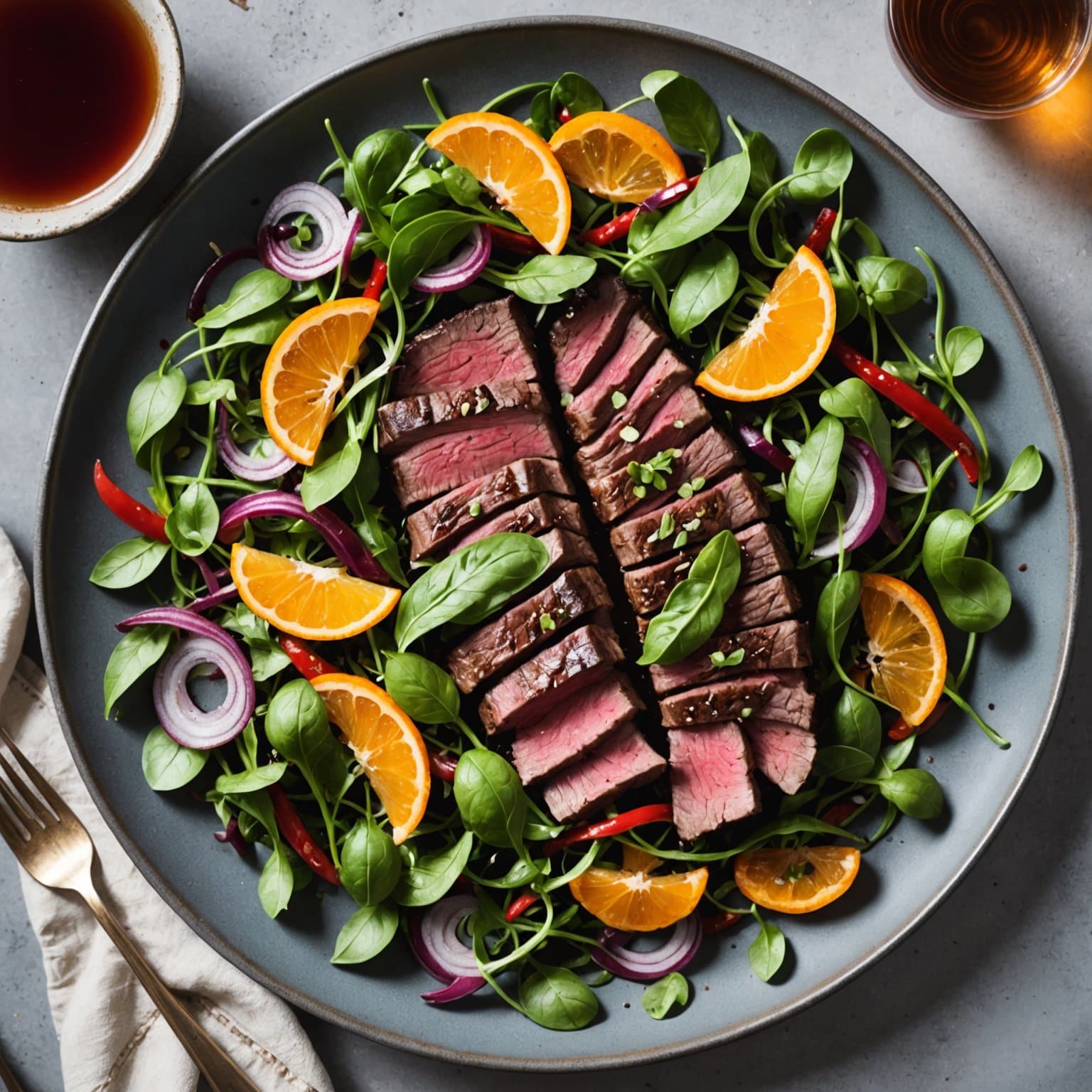 Skilt: Searert skinnbiff med rødløk og shishito-pepper, servert med ruccolasalat i honningbelle- appelsinvinaigrette