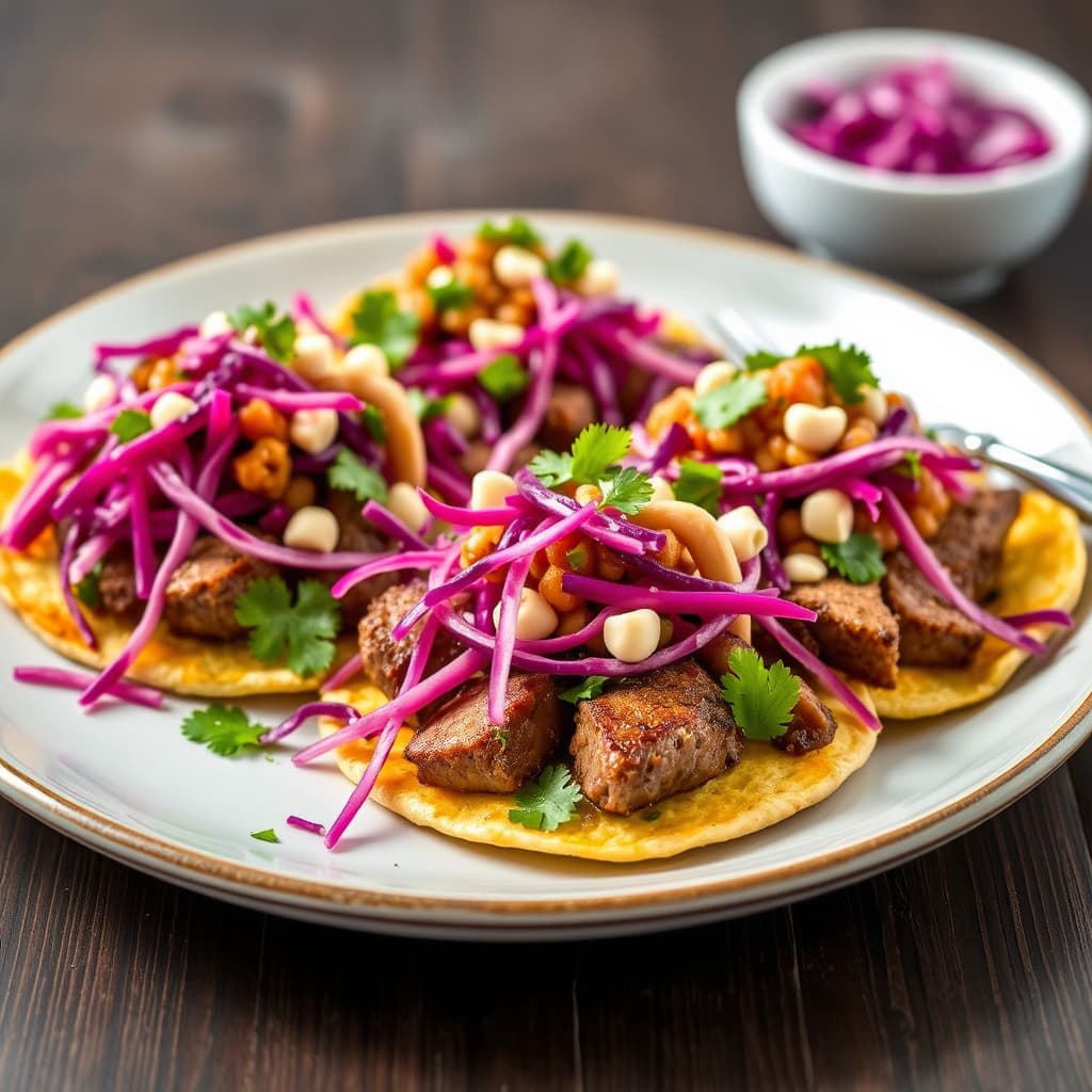 Skirtsteik tostadas med cashew-salsa og rødkålsslaw