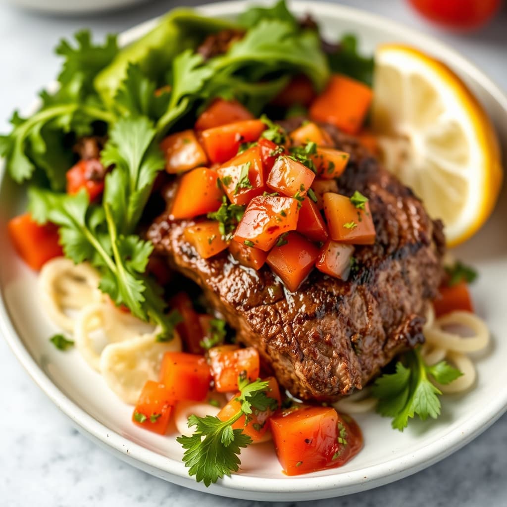 Skirtstek marinert med ovnsbakt tomatsalsa