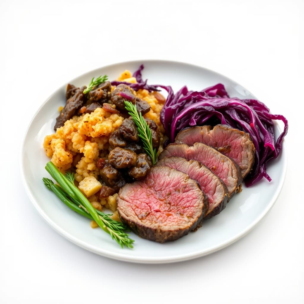 Skiver av biff med Sauerbraten, løkhash browns, krydret rødkål