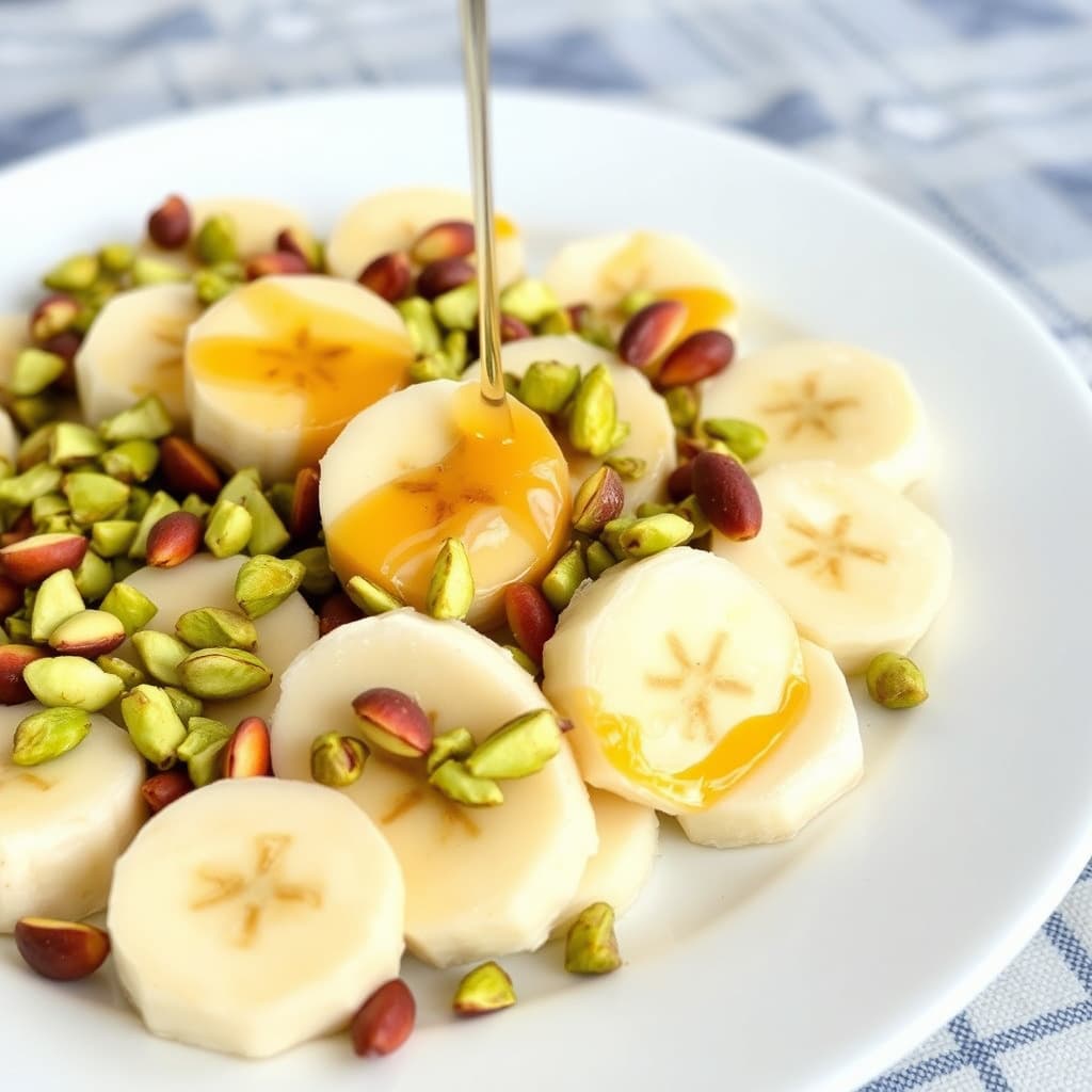 Skivet banan drysset med honning og hakkede pistasjnøtter