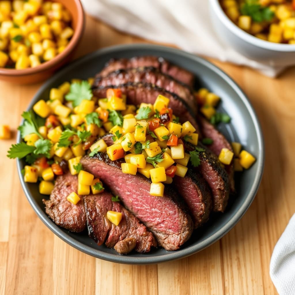 Skivet biff med ovnsbakt mais-salsa