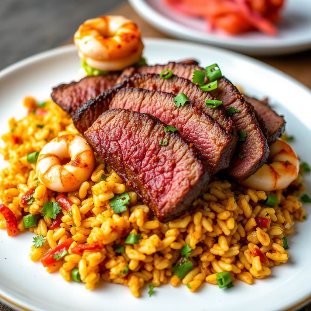 Skivet chili- og krydret flankbiff med krydret ris, reker og guacamole-tårn