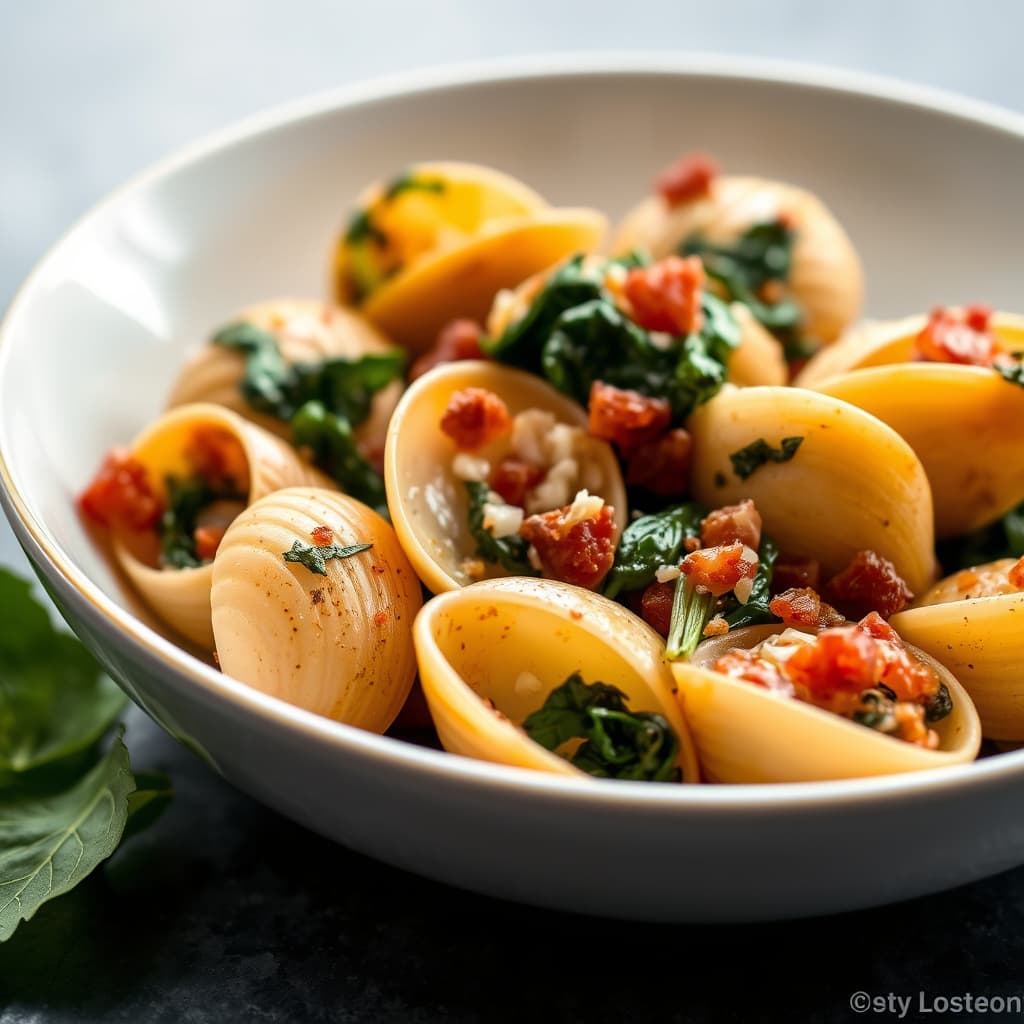 Skjell med sprøtt pancetta og spinat