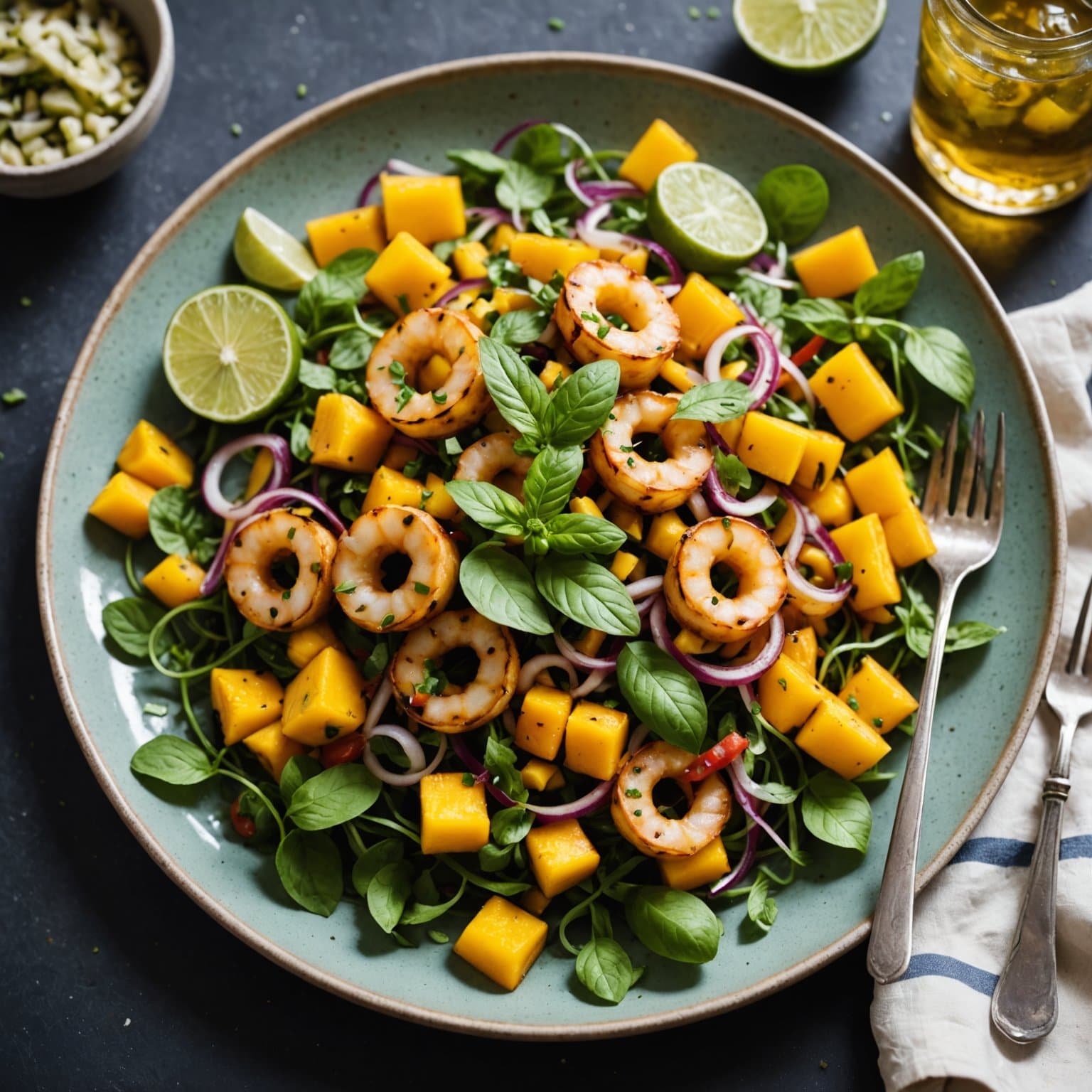 Skrubbe, stekt plantain og mangosalat med fersk mynte og røkt chili-vinaigrette