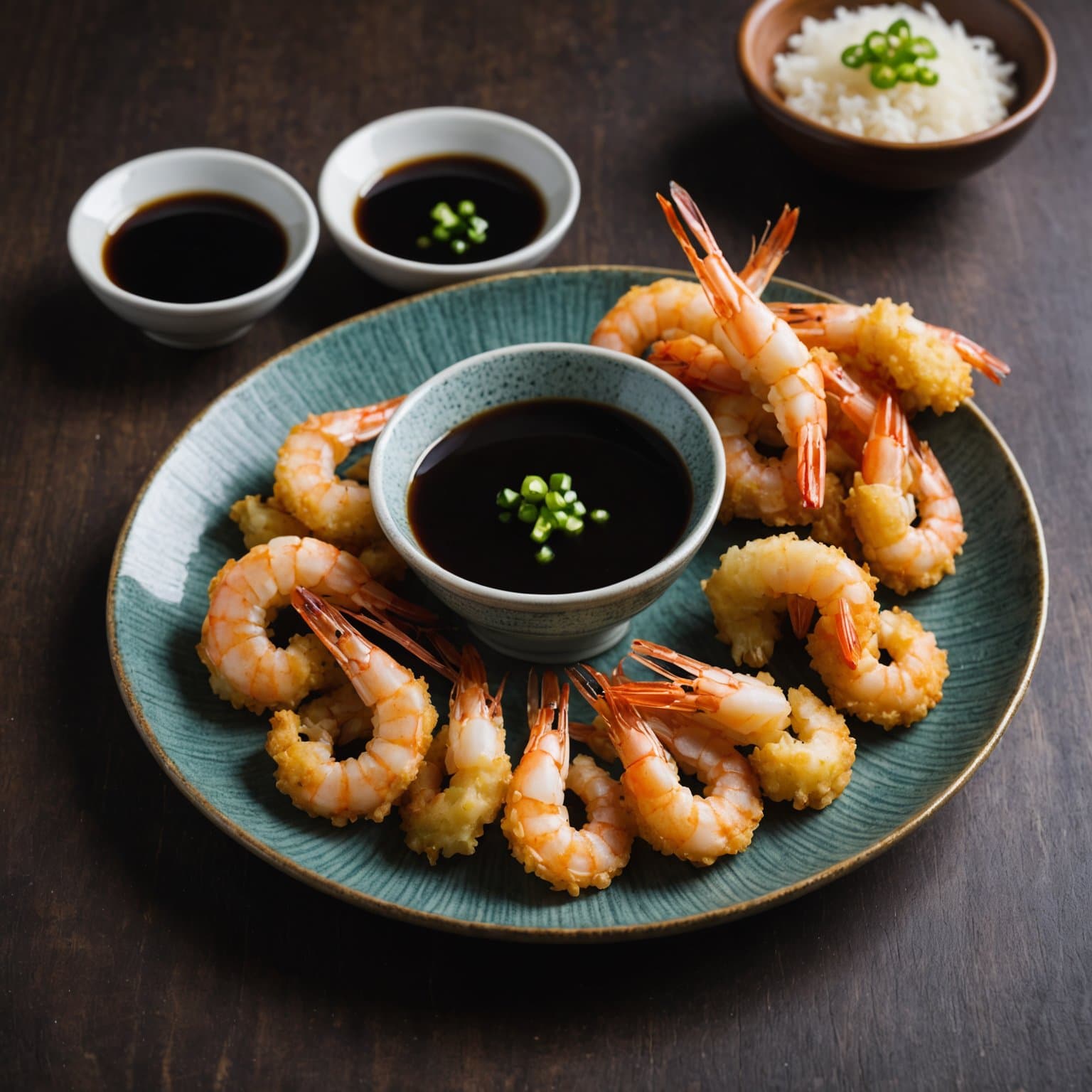 Smakfull tempura av reker og saus med sake til dipping