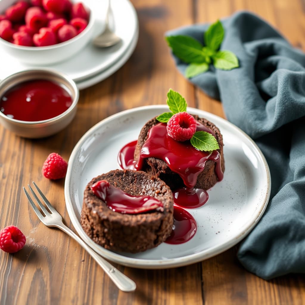 Smeltet sjokoladekake med bringebærsirup