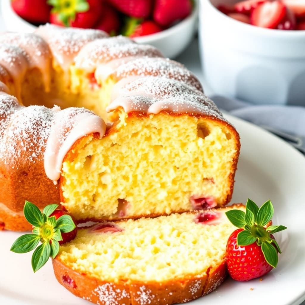 Smør-ristet vaniljepuddingkake med macererte jordbær