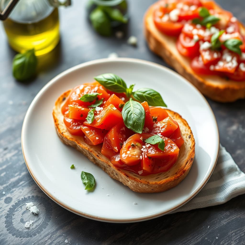Smørbrød med tomat, toppet med ekstra jomfru olivenolje, revet basilikum og salt