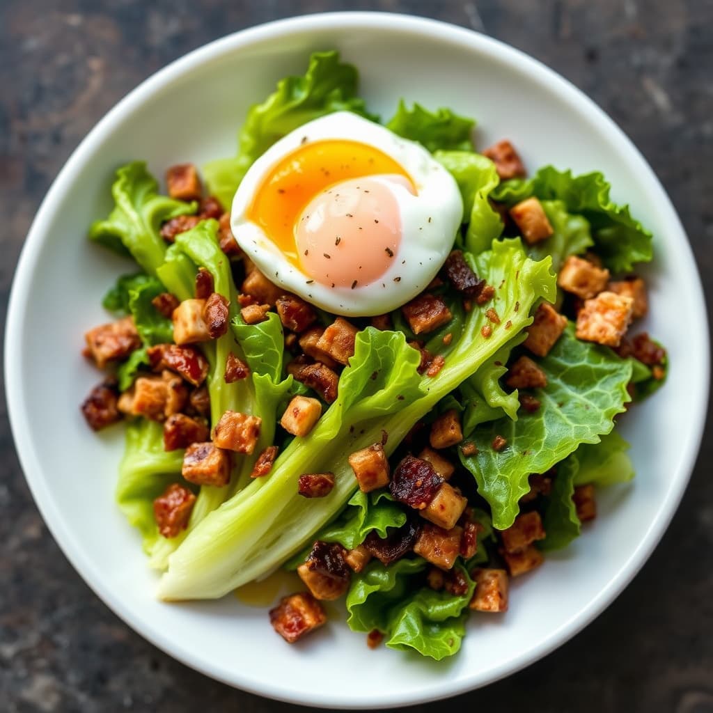 Smørsalat med baconbiter og posjert egg
