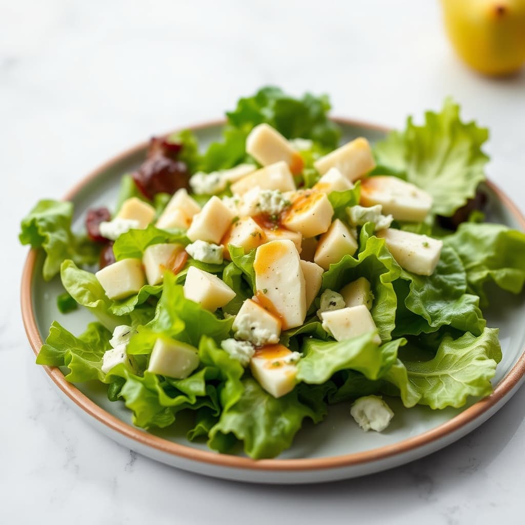 Smørsalat med isbergsalat, gorgonzola og pæredressing