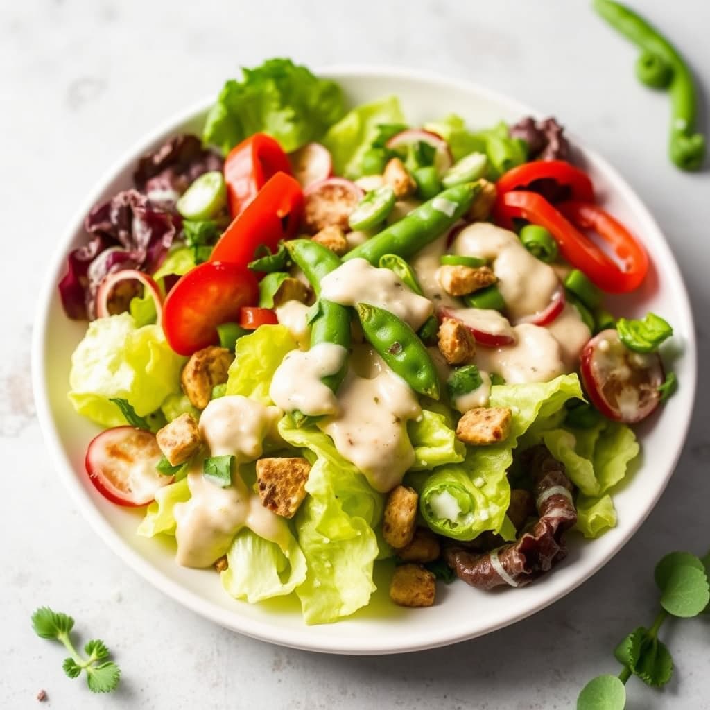 Smørsalat med syltede sukkererter og hjemmelaget Thousand Island-dressing