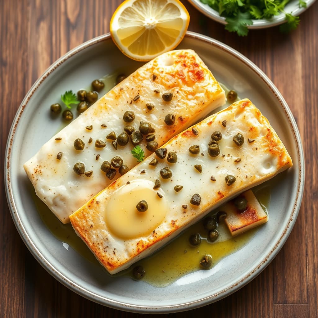 Smørstekte steinbittskiver med kapers