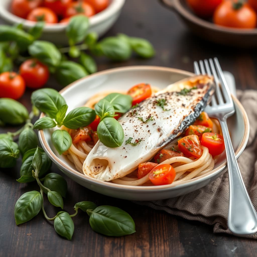 Sol med basilikum, tomater og oregano