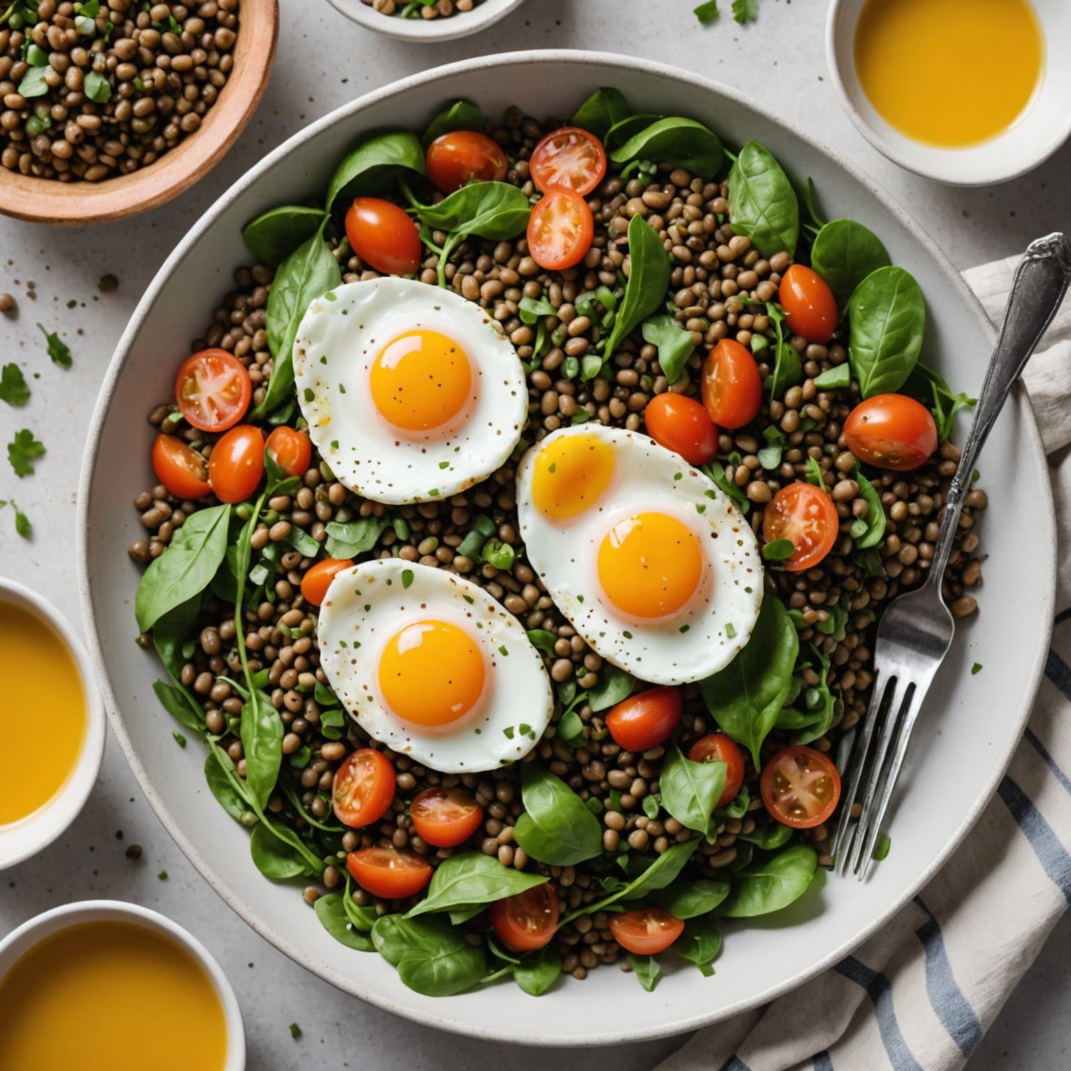 Solskinns-egg-tilberedt linse-salat