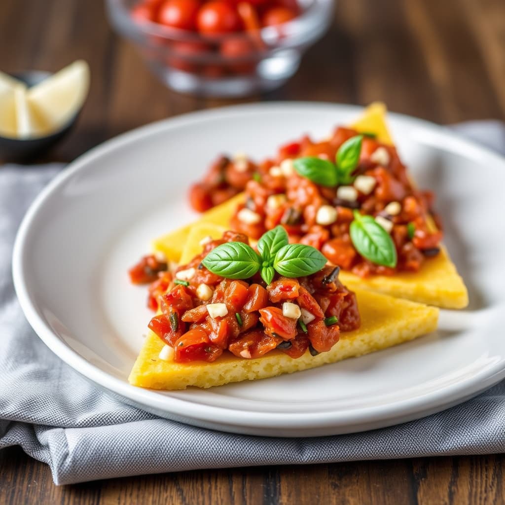 Soltørkede tomater og tapenade på polentatriangler