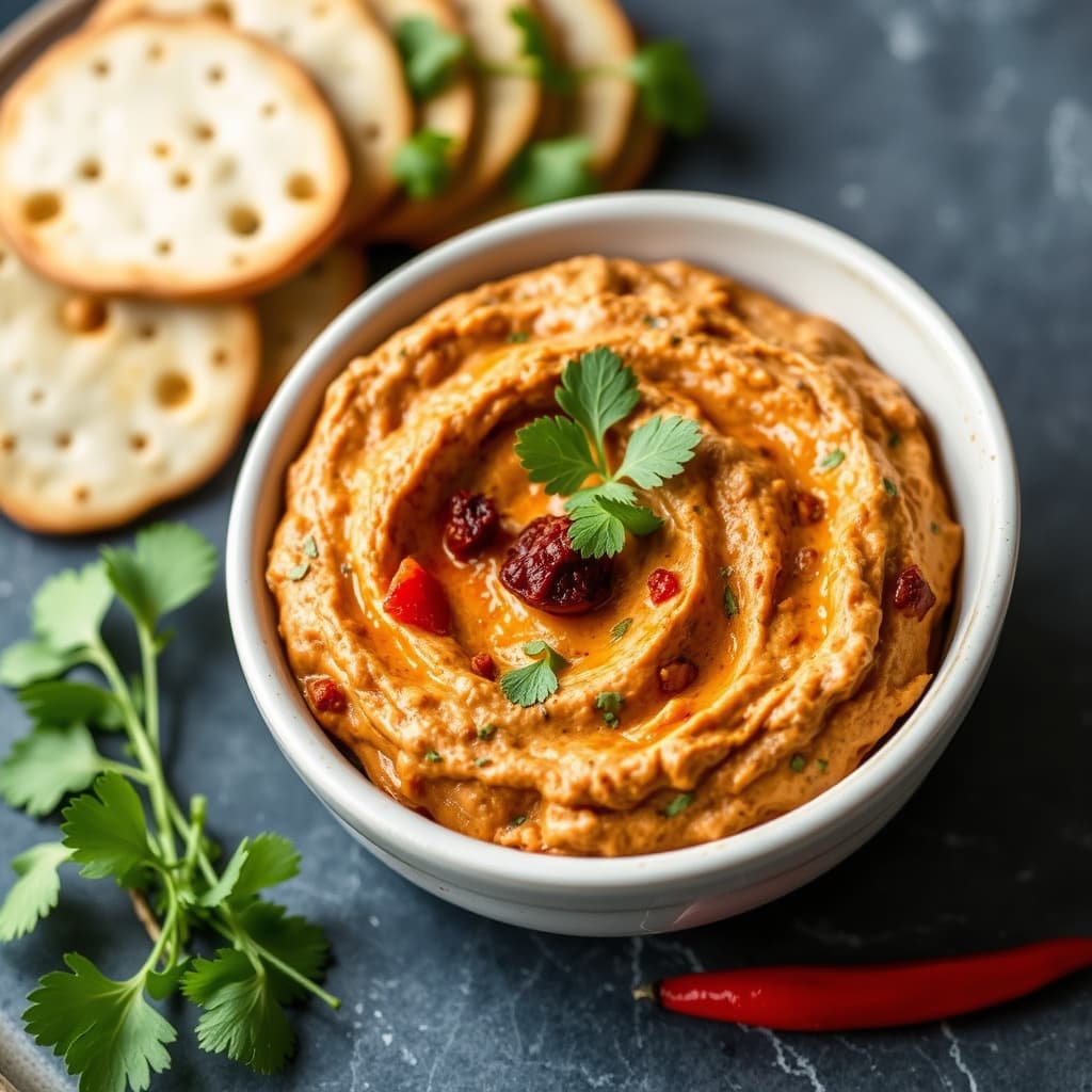 Soltørket tomat-, koriander- og ristet rød pepper-dip