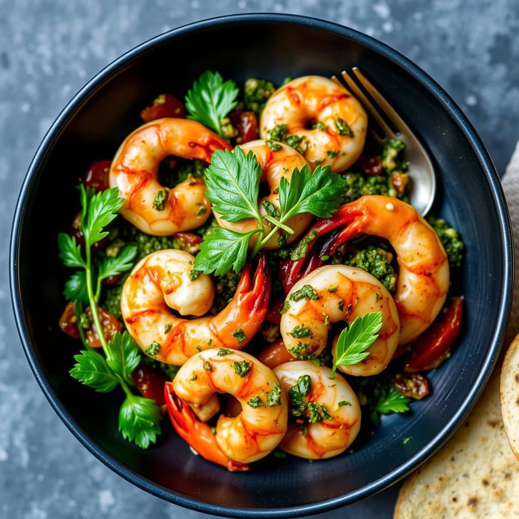 Soltørket tomat- og pekannøttpesto med reker