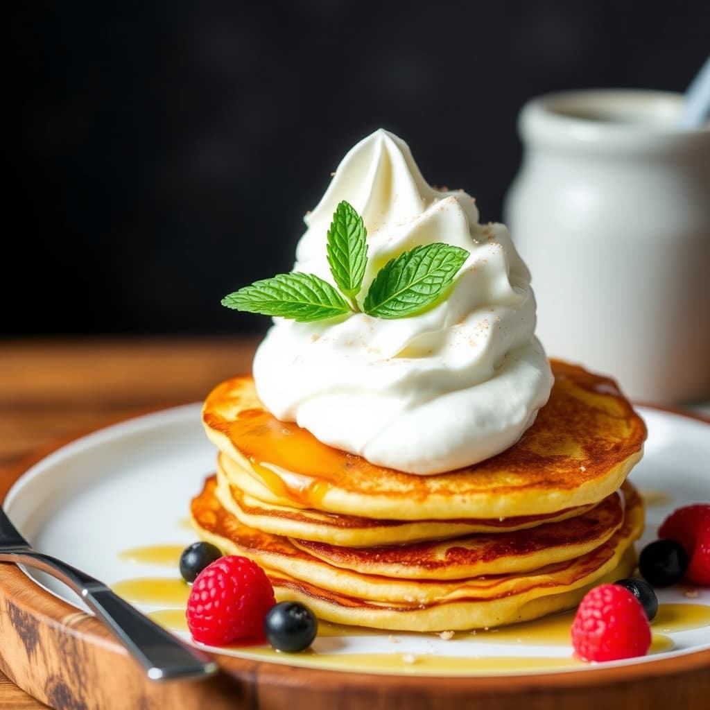Sølvdollars tropicalpannekaker med mascarpone-vaniljeskummet krem