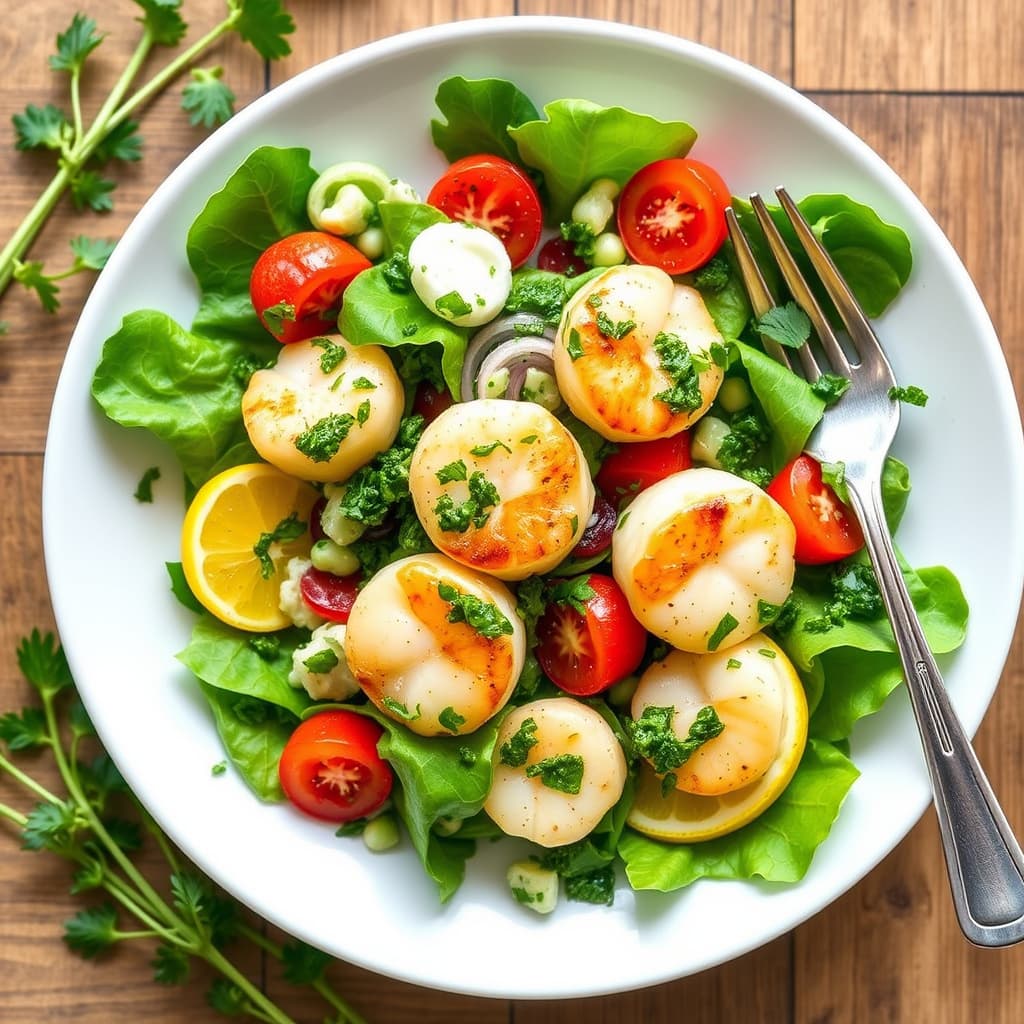 Sommerens salat med vårløkpesto og kamskjell