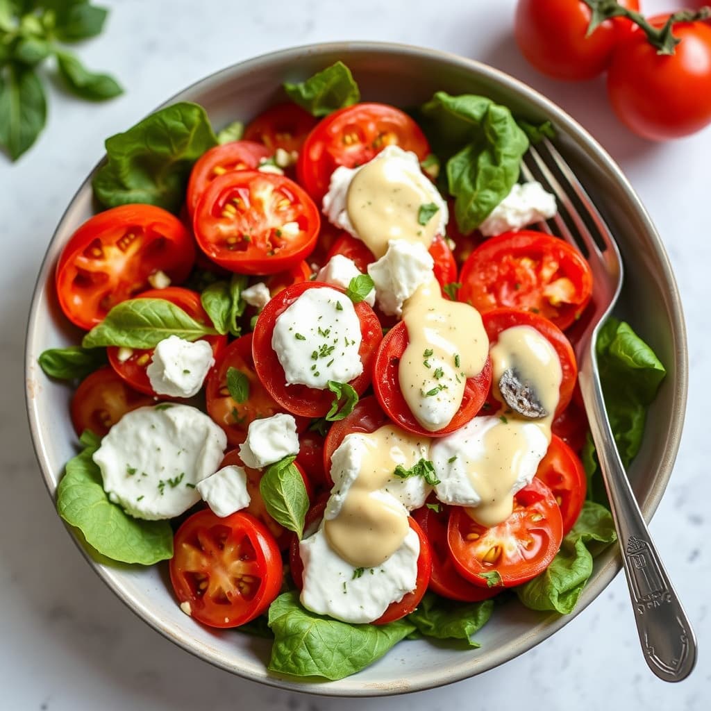 Sommertomatsalat med ricotta salata og kremet hvitløksvinaigrette