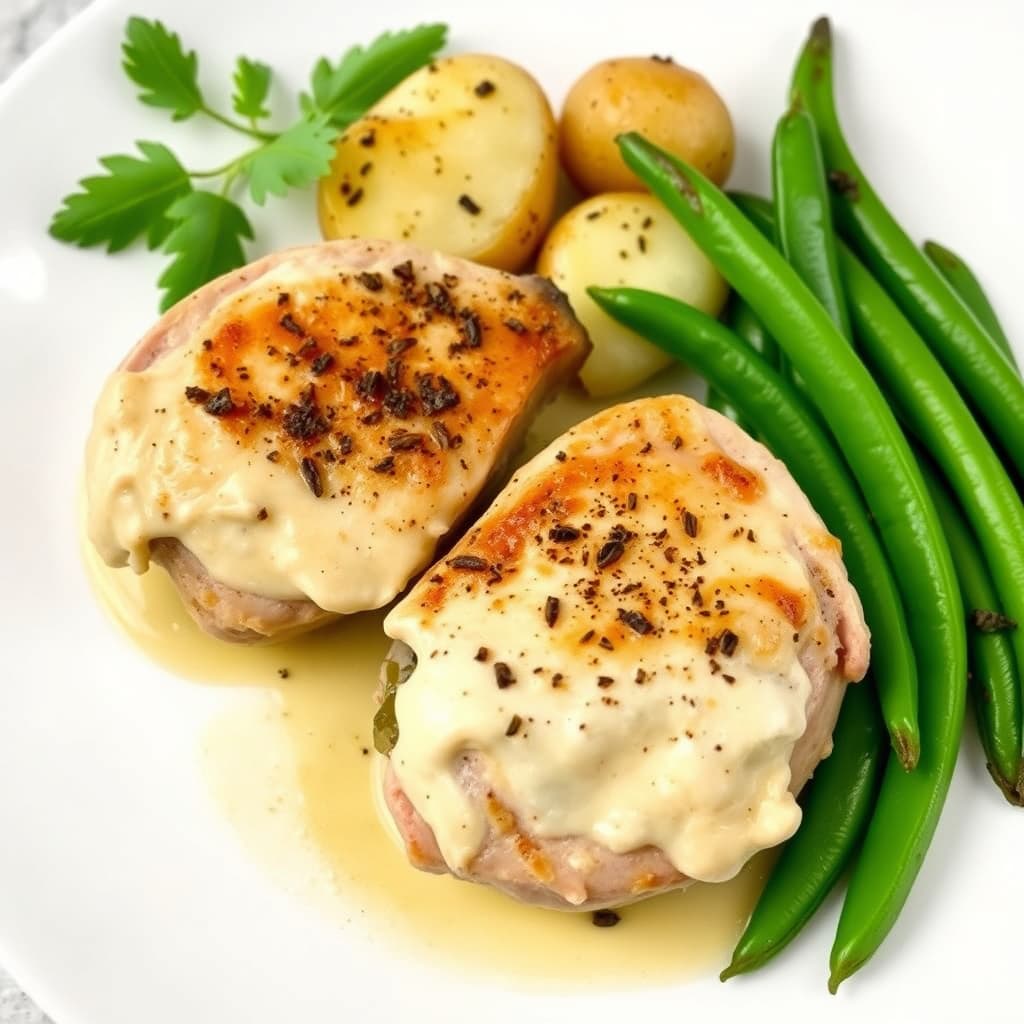 Søndagsmiddag: Fylte svinekoteletter, kremostpoteter, sukkererter