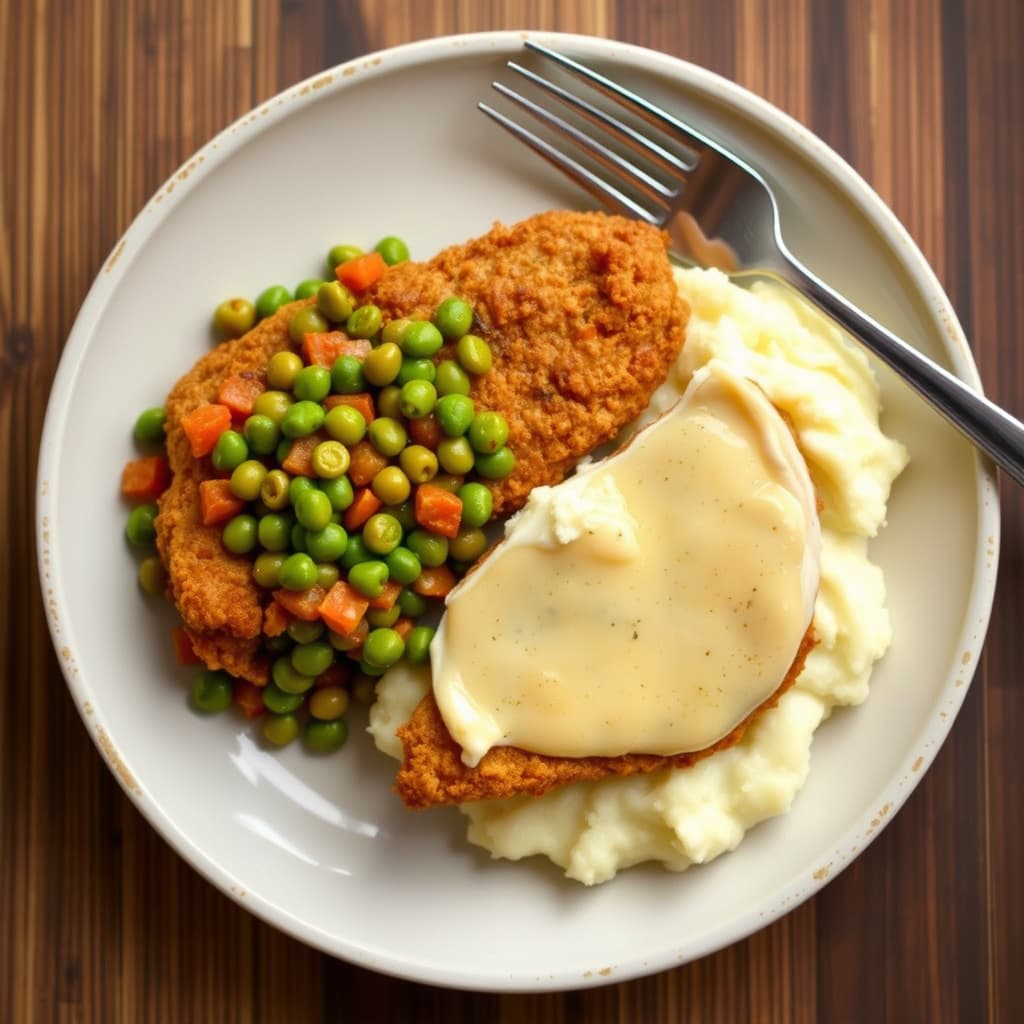 Sørlig fried kylling med smørdampede poteter og sauterte erter og tomater