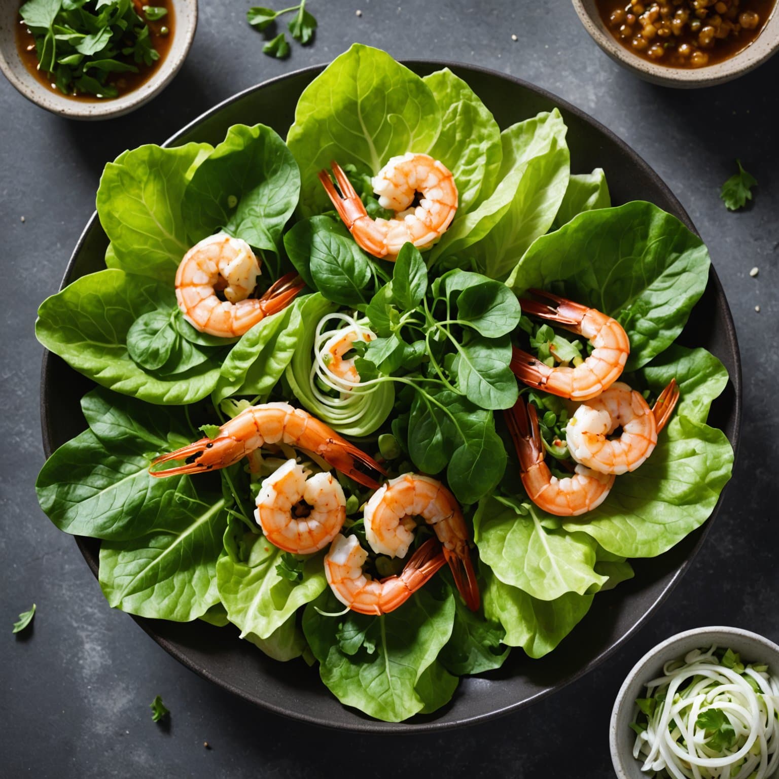 Sørøstasiatiske reker med Bibb-salat og urter
