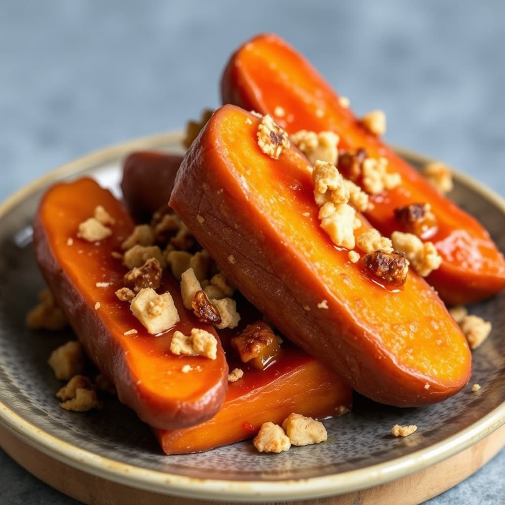 Sørstatsstilte kandiserte søtpoteter med ingefærkjeks-krønsj