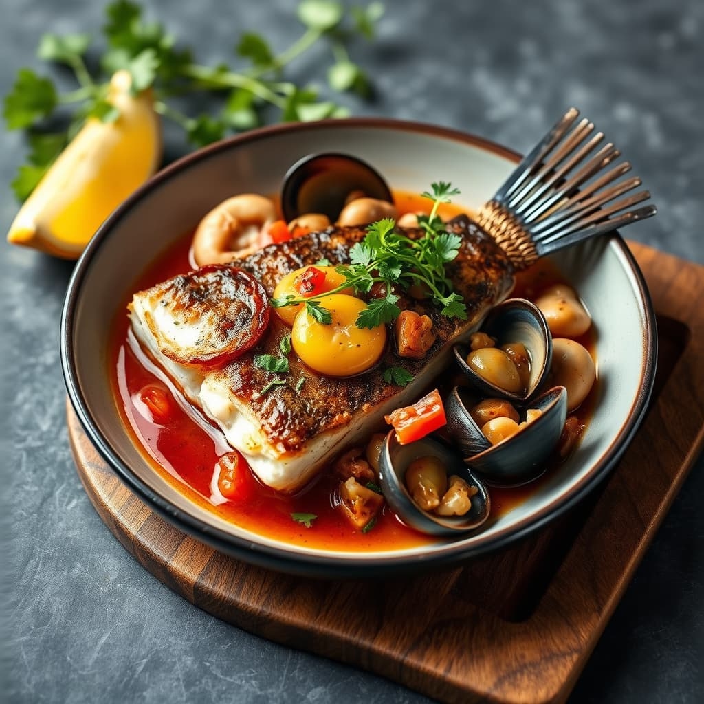 Sort bass med Hon-Shimeji-sopp, rødskjell og tomat- og hvitløksmarinade