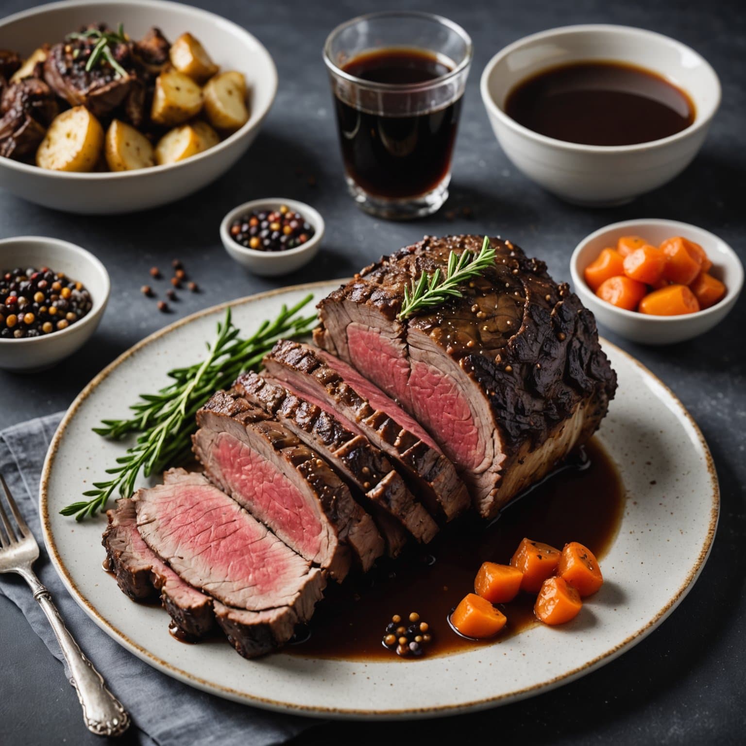 Sort pepper-omkranset ribbe av storfe med jus