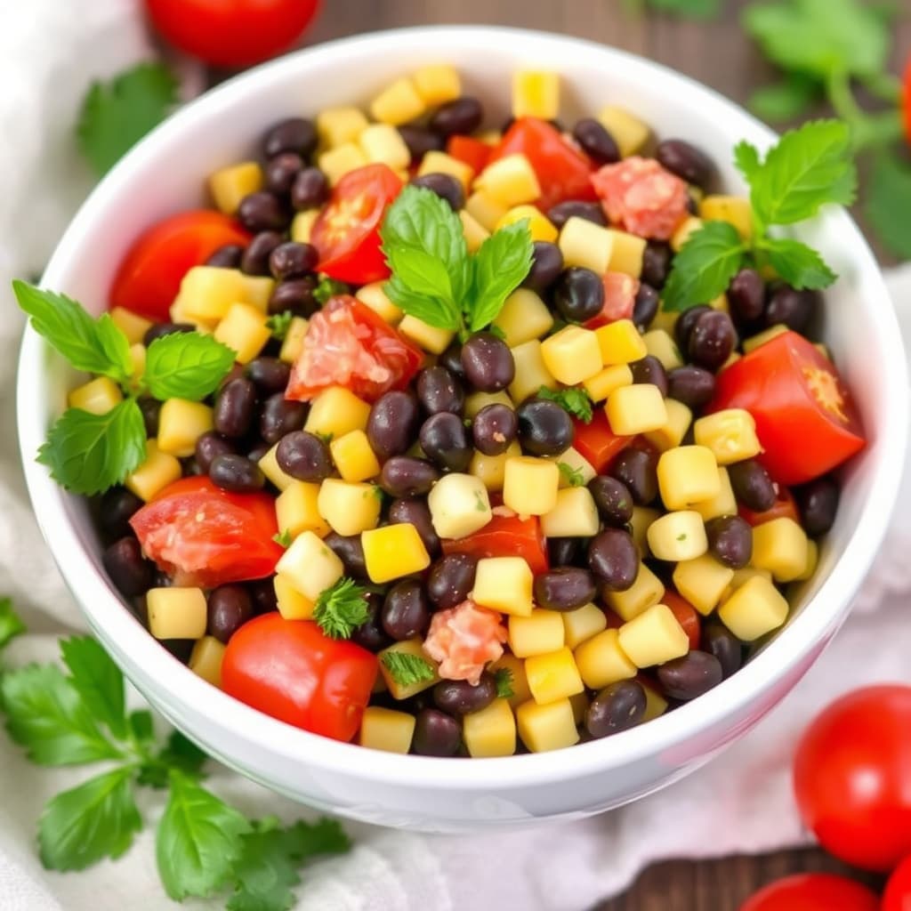 Sorte bønner-, mais- og tomatsalat