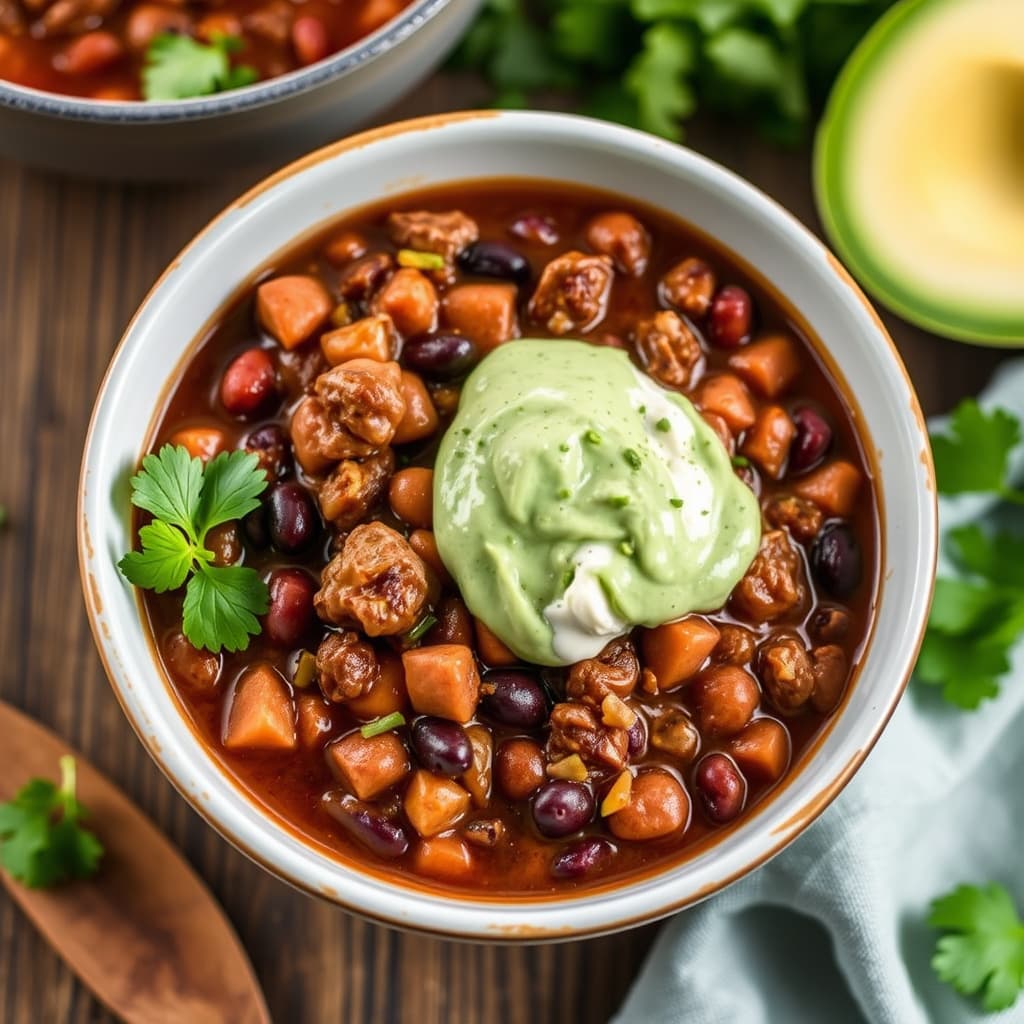 Sorte bønner og oksekjøtt chili med grønn rømme