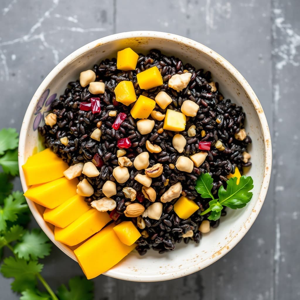 Sorte riskålssalat med mango og peanøtter