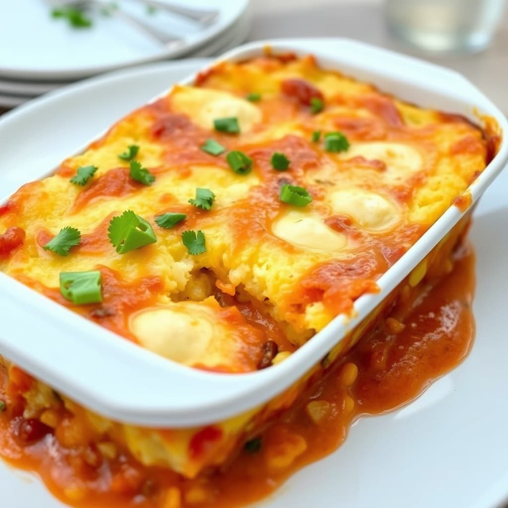 Sørvestlig maisbrødsstrata med kremet krydret tomatsaus