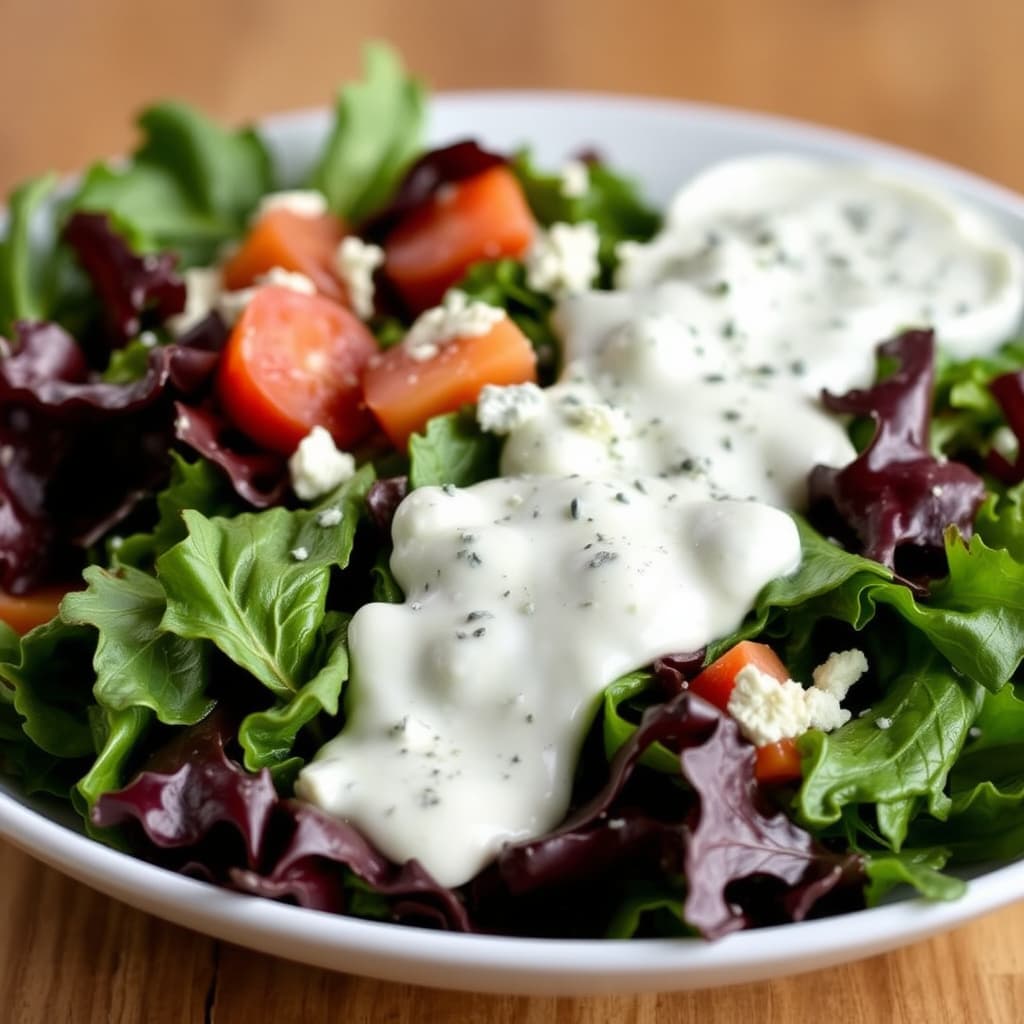 Søt og bitter grønn salat med gorgonzola blåmuggostdressing