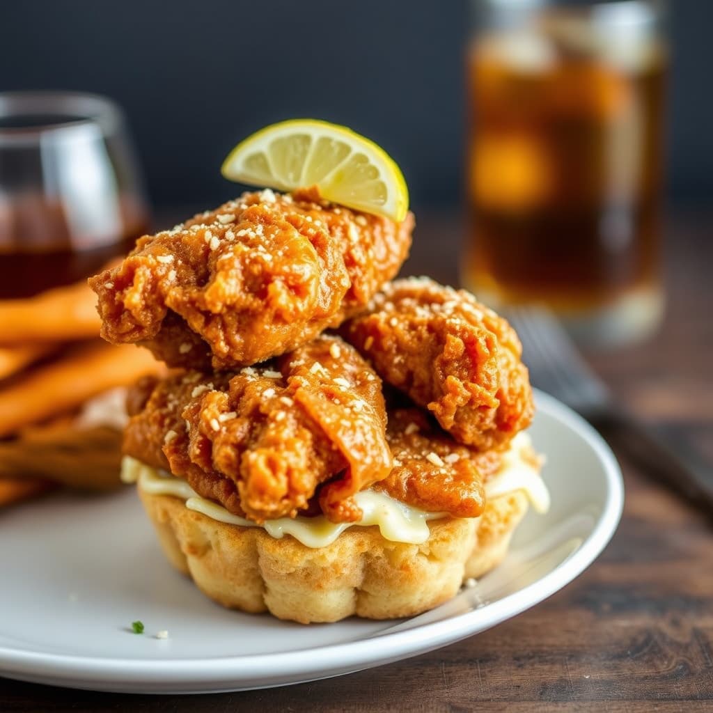 Søt te-marinerte, fritert kylling på en "Biscone"