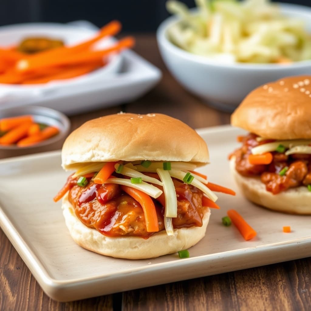 Søte og sure BBQ-kyllingsliders med sylte kinesisk kål og gulrøtter