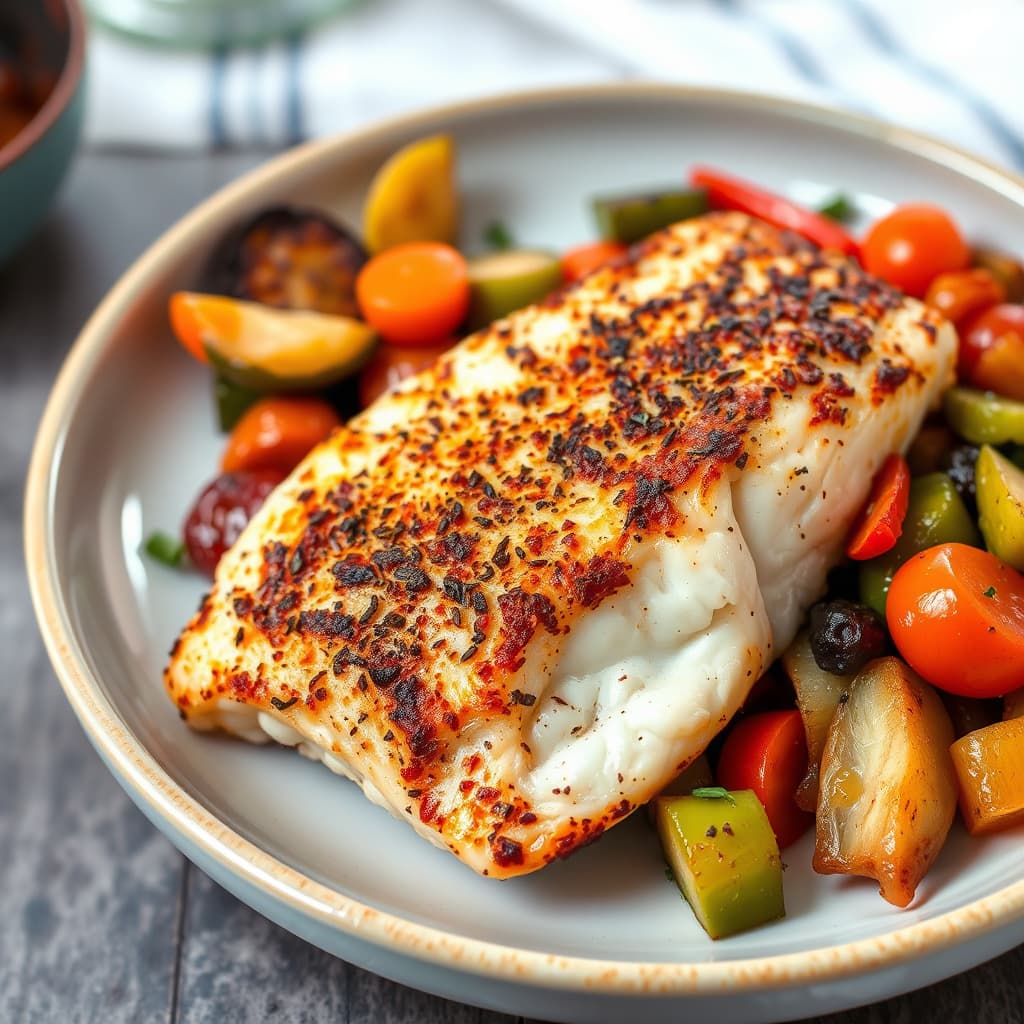 Sotet katfish med en trio av sauterte grønnsaker