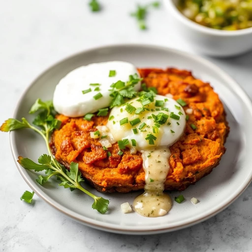Søtpotet-hashbrowns med vårløk-vinaigrette
