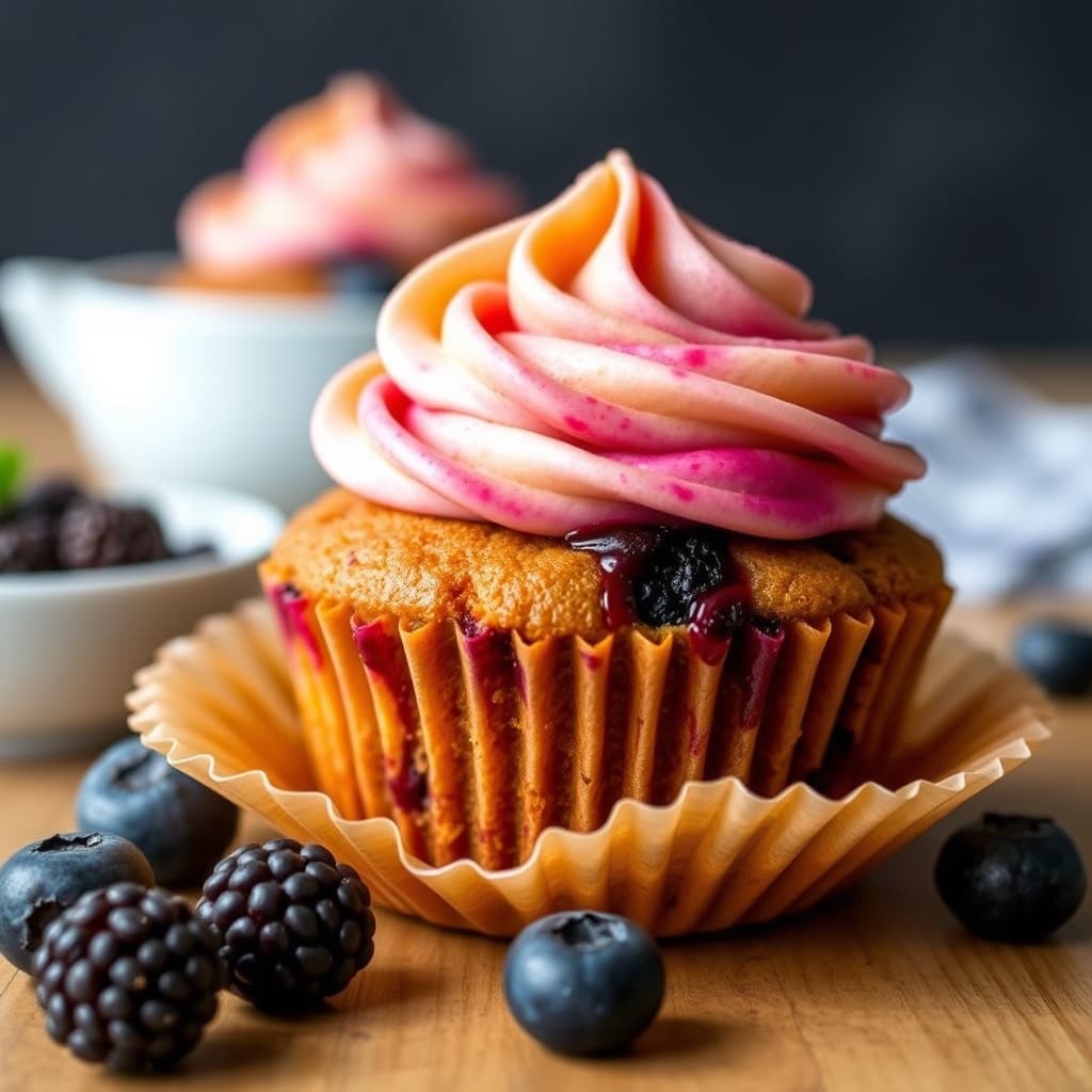 Søtpotet- og blåbærcupcake med pai-smak
