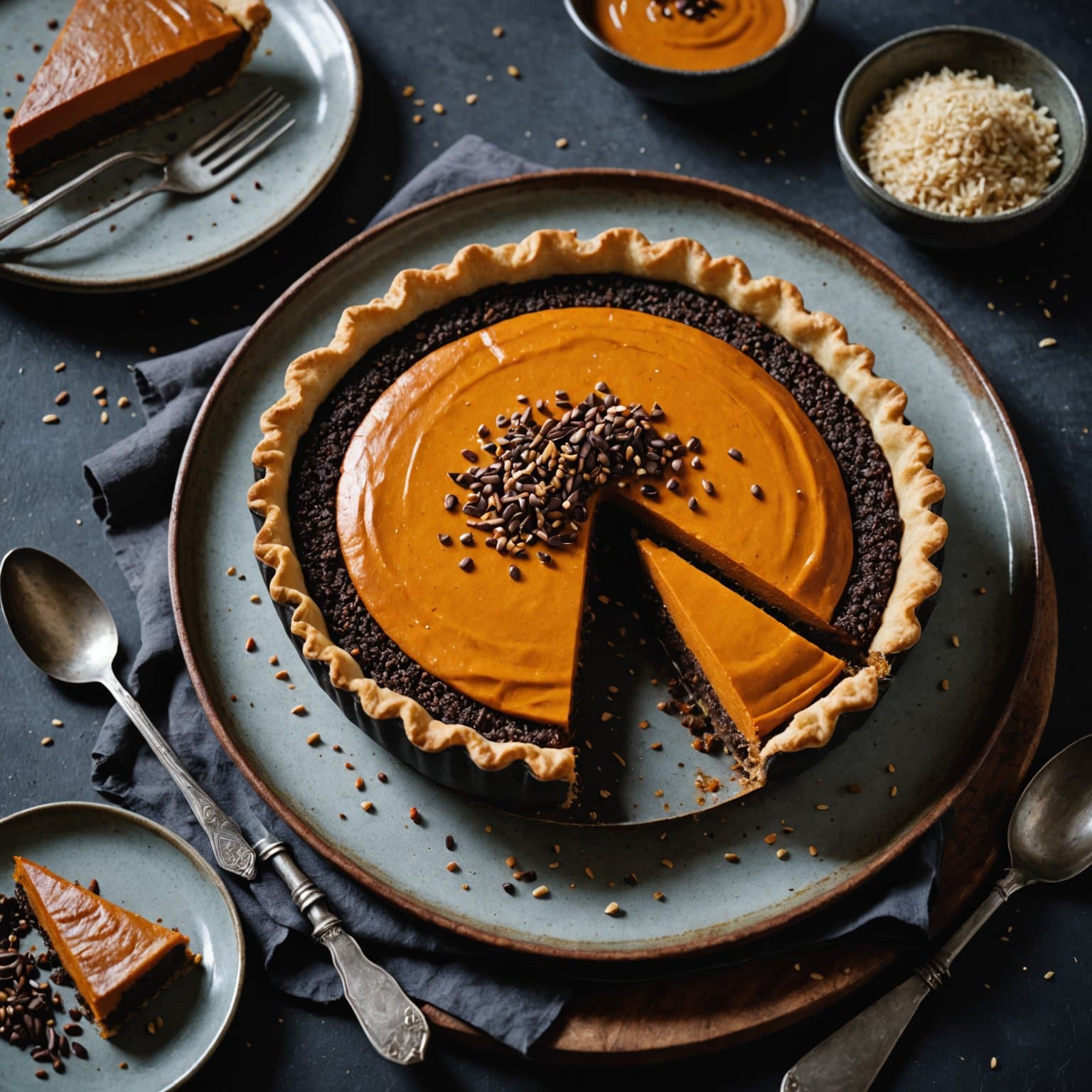 Søtpotet- og misopai med sjokolade- og sesambunn