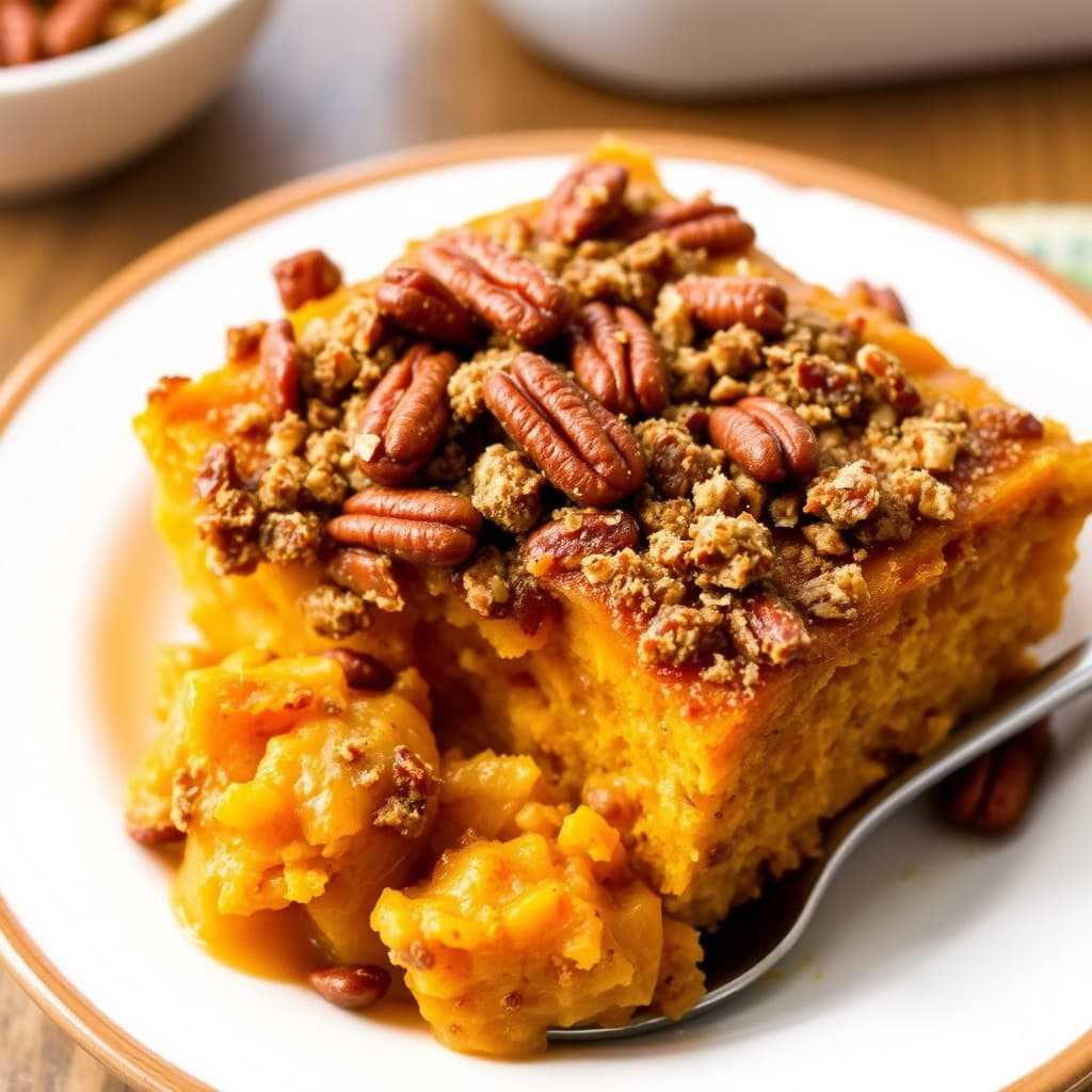 Søtpotetbrødpudding med pekannøttkrumme