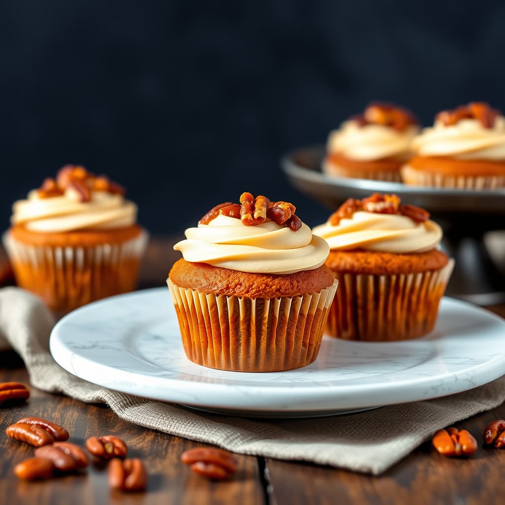 Søtpotetcupcakes, brunt sukker- og kremostglasur, kandiserte pekannøtter