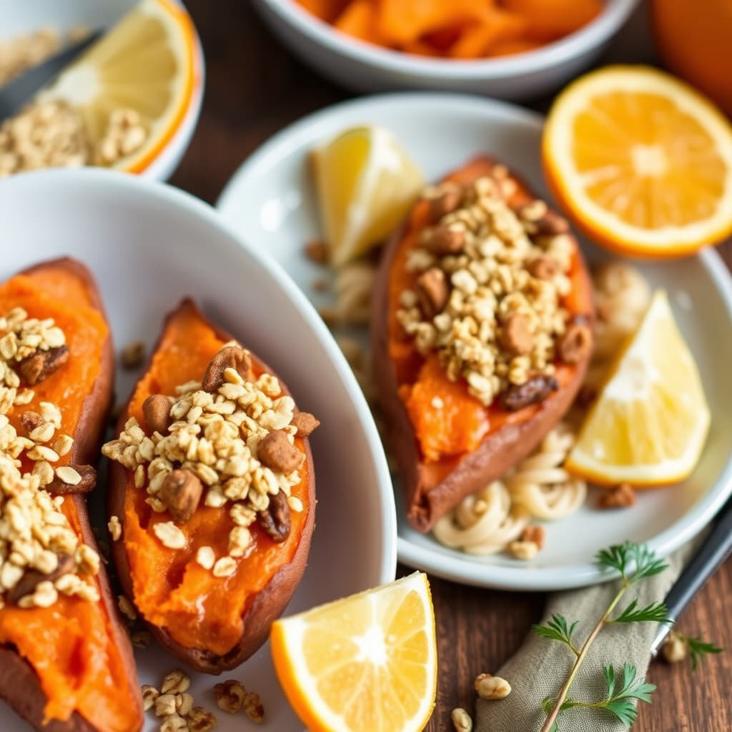 Søtpoteter med appelsinsmak, toppet med havrekjeks