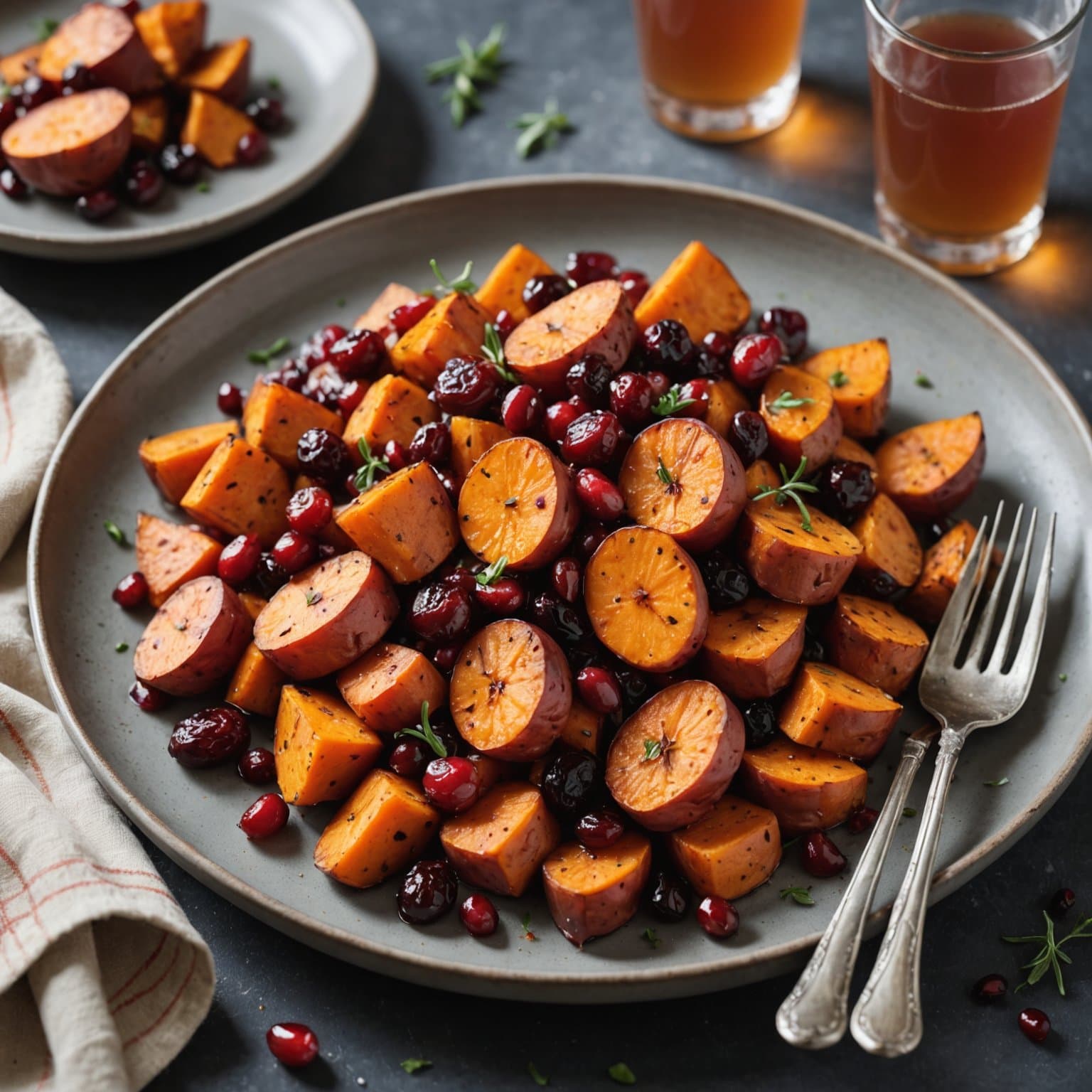 Søtpoteter med eplesirupglasur og tranebær